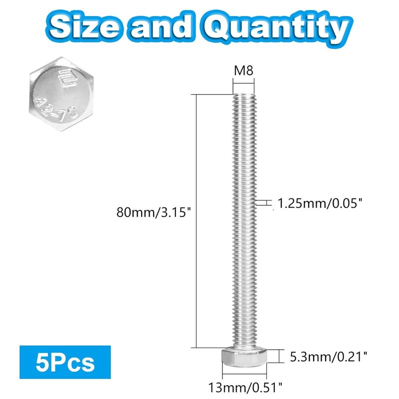 Yinpecly 5 Pcs M8 Hex Bolts M8-1.25 x 80mm Hex Head Screw Bolt 304 Stainless Steel M8-1.25mm Hexagon Bolts Hex Head Screws, Metric Machine Fully Thread, Bright Finish - Image 2